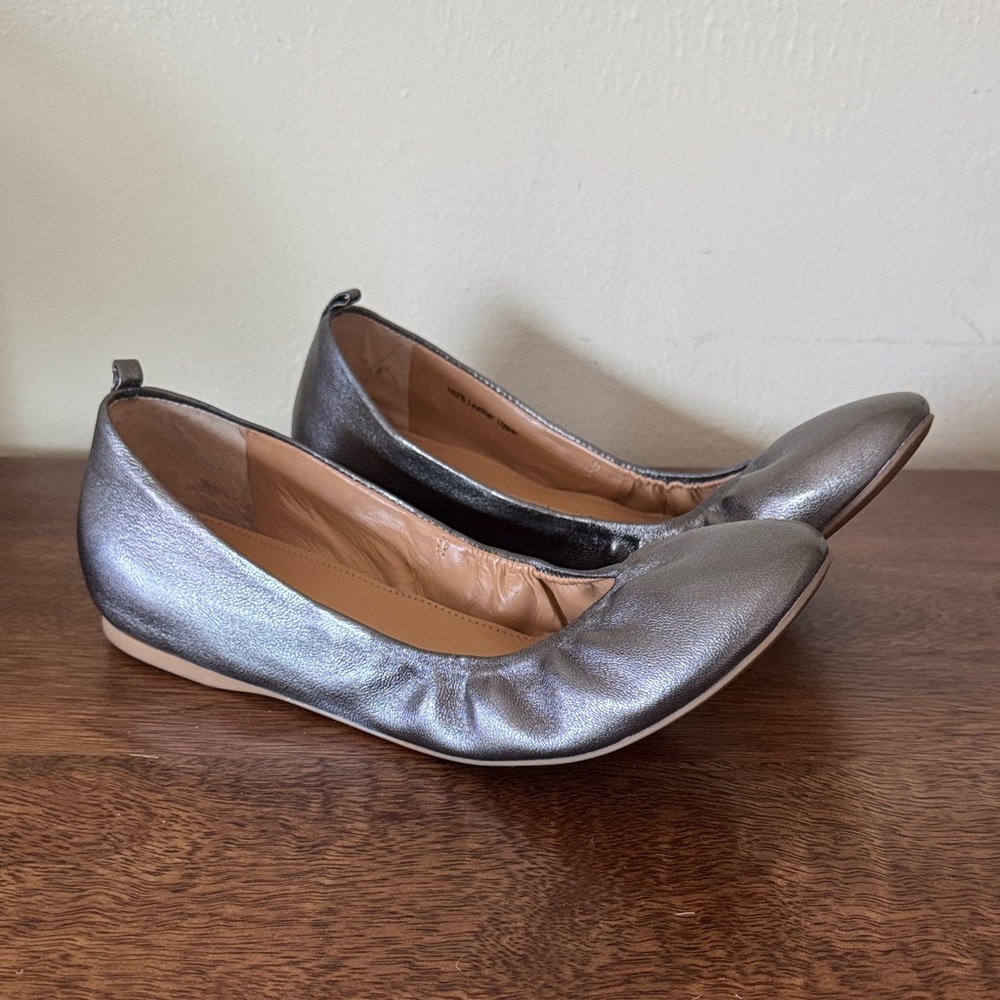 J. Crew Gunmetal Silver Gray Ballet Flats Metallic Holiday Shoes - 8.5